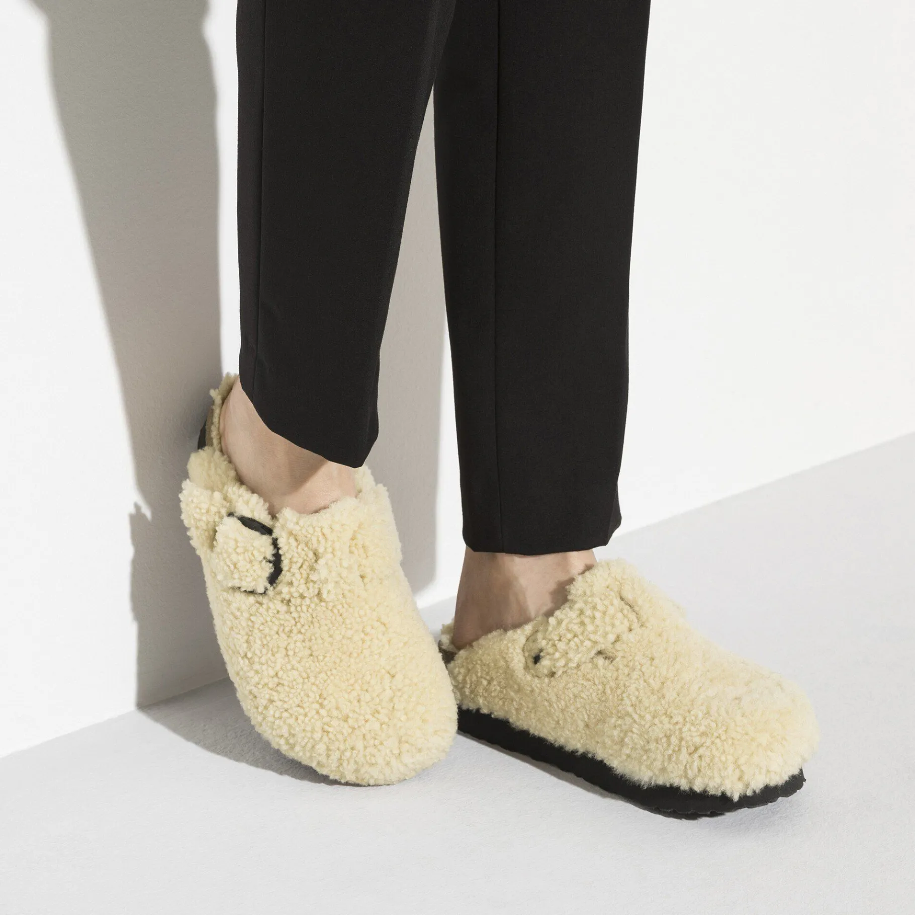 Best Sale Birkenstock Boston Big Buckle Platform Teddy Eggshell